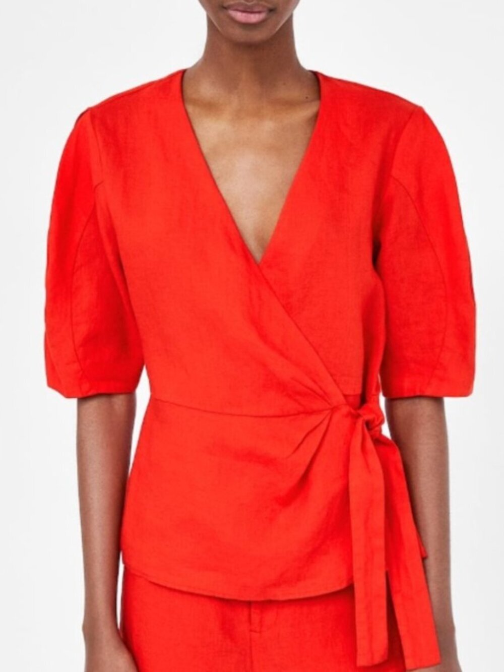 Zara 100% Linen Red Wrap Tie Crossover Short Sleeve Blouse Top M